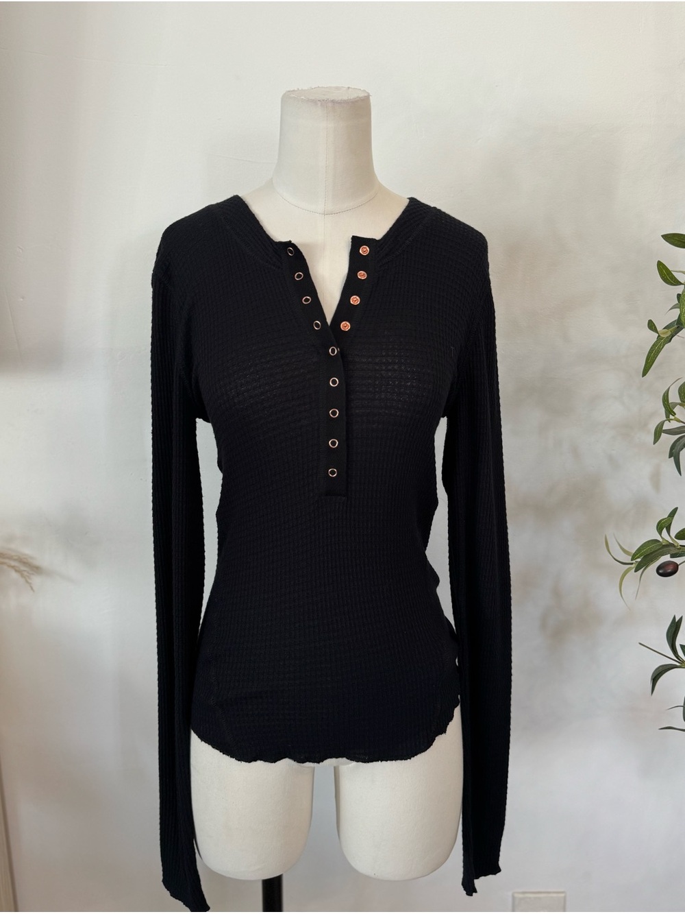 Free People We The Free Black Waffle Knit Henley Long Sleeve Top Size XS
